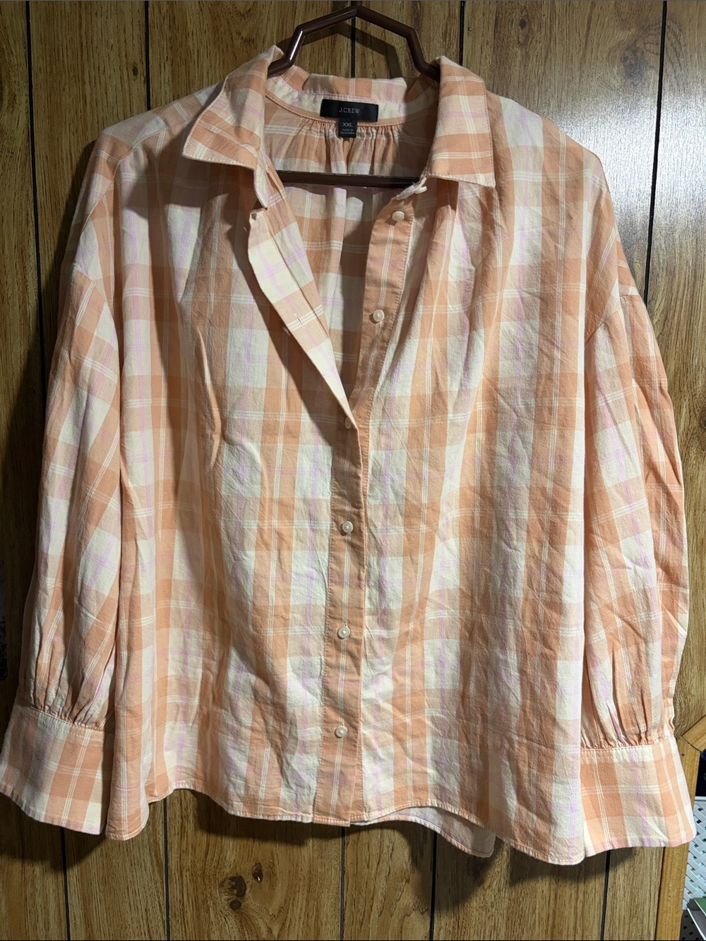 J. Crew Peach and White Plaid Cropped Button-Down Shirt